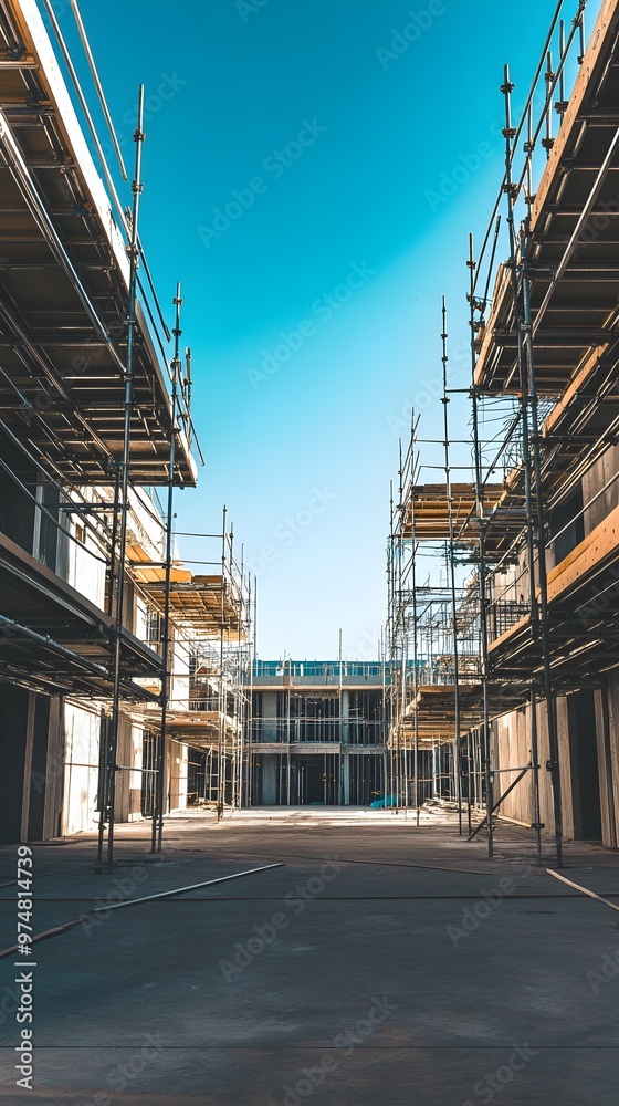 Obraz premium An empty construction site with scaffolding and a clear blue sky, emphasizing space for future development
