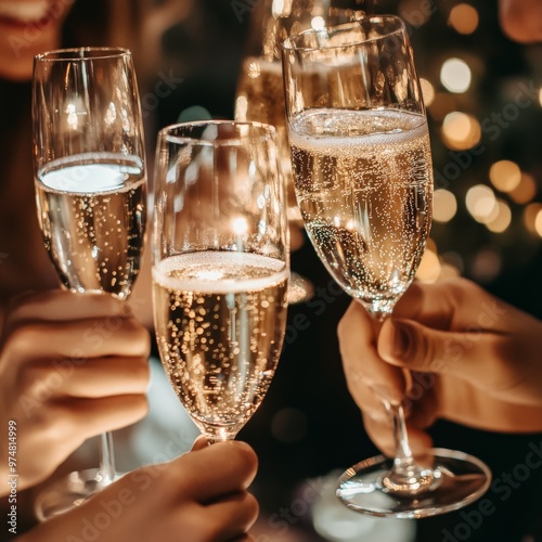 People toasting with champagne by a Christmas tree