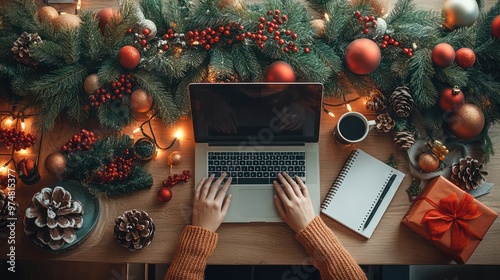 workspace in a modern office, decorated subtly for Christmas. The scene shows a laptop, a notebook, a cup of coffee, and a pair of hands typing