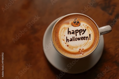 Cup of coffee wishing happy halloween with latte art on wooden table