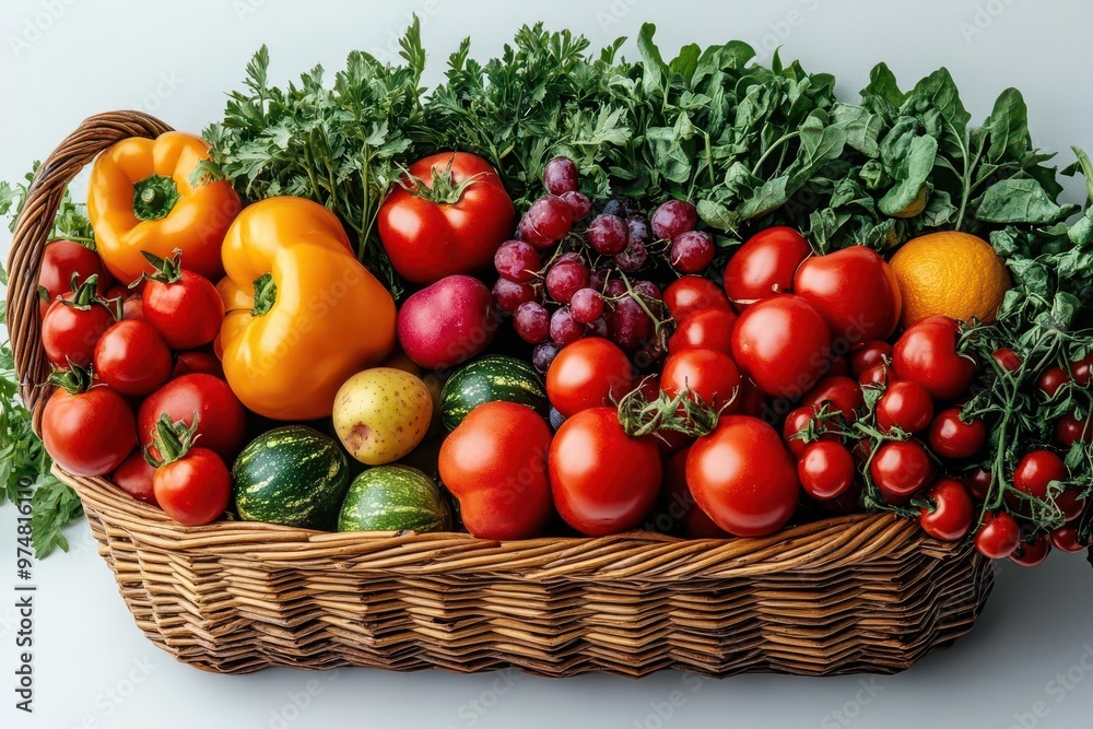 vibrant farmers market display overflowing wicker basket with fresh organic produce vivid colors and textures against crisp white background vibrant farmers market display overflowing wicker basket with fresh organic produce vivid colors and textures against crisp white background