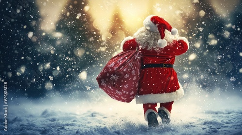 Santa dashing through snowfall with a huge gift bag, calligraphic Merry Christmas text