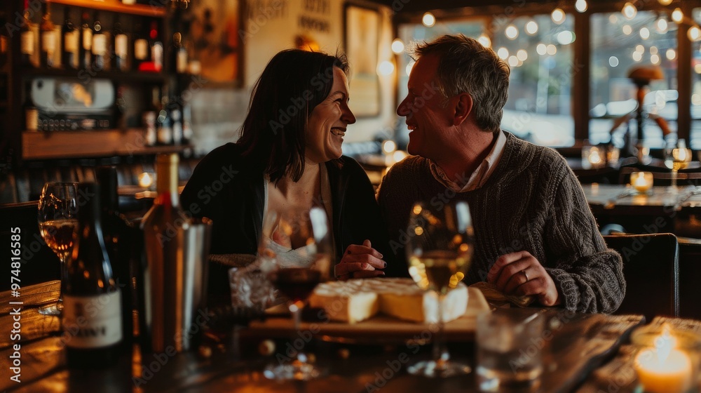 Fat couple sharing a cheese platter at a cozy wine bar Fat couple sharing a cheese platter at a cozy wine bar