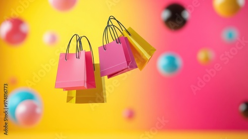 Colorful shopping bags float against a vibrant background, representing fun and creativity in retail experiences.