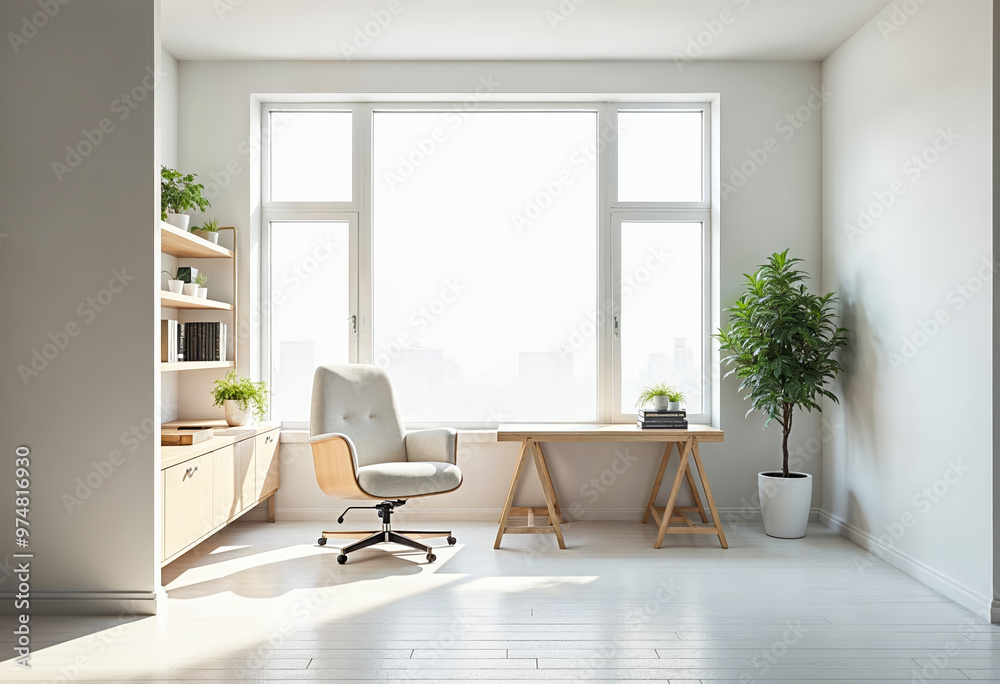 Modern Home Office Interior Design with Desk Plants and City View from Window Modern Home Office Interior Design with Desk Plants and City View from Window