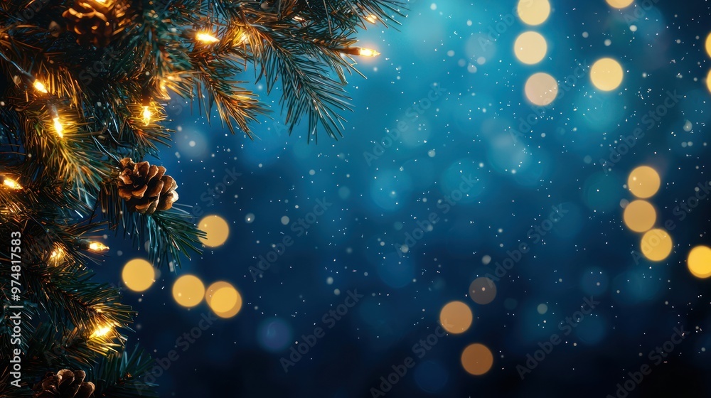 Festive garland with soft, glowing bokeh lights against a deep blue backdrop Festive garland with soft, glowing bokeh lights against a deep blue backdrop
