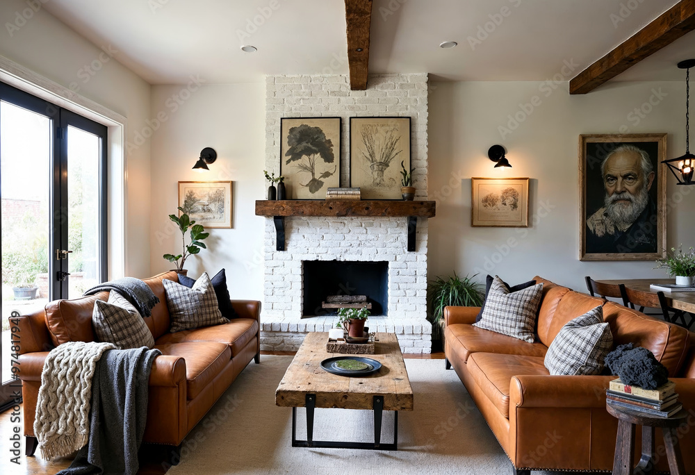 Fototapeta premium Cozy living room interior with leather sofas fireplace and rustic decor elements