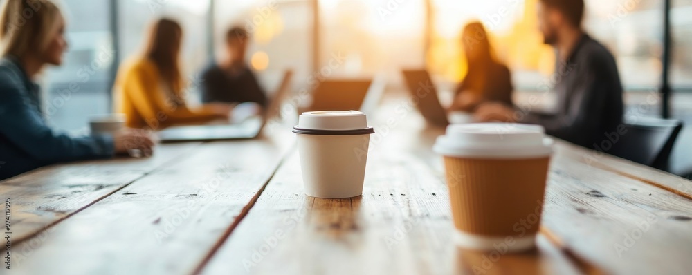 Cozy workspace with coffee cups on a wooden table, perfect for creative discussions and teamwork in a warm atmosphere. Cozy workspace with coffee cups on a wooden table, perfect for creative discussions and teamwork in a warm atmosphere.