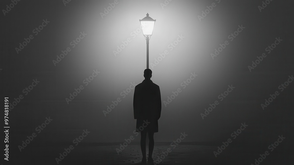 Obraz premium A shadowy figure standing under a flickering streetlight in a quiet urban neighborhood at night streetlight, urban, monochrome mood