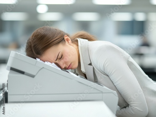 Frustrated office worker resting head on a printer, showcasing stress and fatigue in a contemporary workspace.