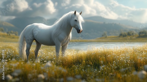 Serene white horse on the grass, resting below the hillside photo