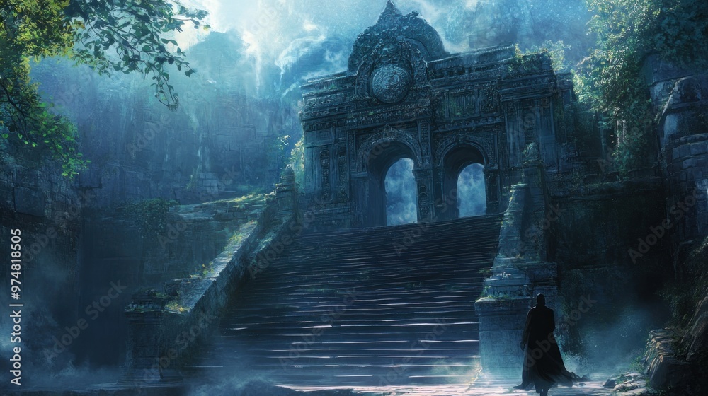 A lone figure approaches a stone archway leading into a misty, overgrown jungle. A lone figure approaches a stone archway leading into a misty, overgrown jungle.