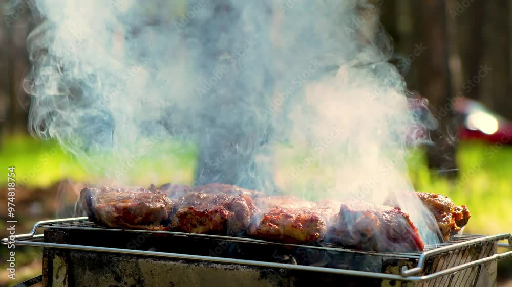 Meat steaks with spices on barbecue grill grate with blazing smoke at forest picnic. Juicy steak with grilling stripes preparing for picnic celebration Meat steaks with spices on barbecue grill grate with blazing smoke at forest picnic. Juicy steak with grilling stripes preparing for picnic celebration