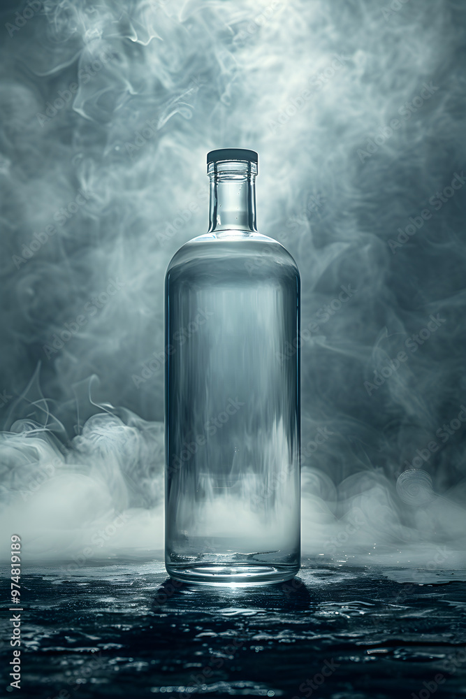 A bottle of alcohol is sitting on a table in front of a foggy background