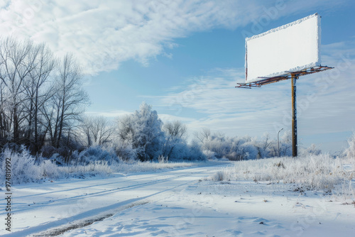 A large billboard is standing in the snow on a road