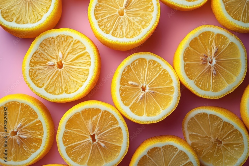 Obraz premium vibrant pattern of sliced lemons arranged in neat rows on a bubblegum pink background creating a bold and refreshing pop artinspired still life composition