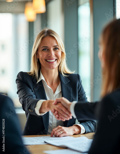 Smiling businesswoman shaking hands closing a business deal in office meeting agreement partnership success collaboration teamwork congratulations new beginnings hiring interview candidate client