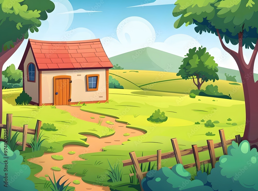 Cartoon Illustration of a Small House with a Path in a Green Meadow