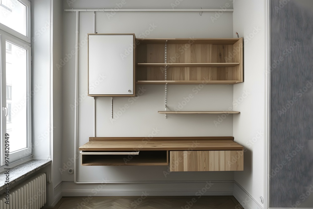 Modern Minimalist Wooden Desk and Shelving Unit in Corner of Room Modern Minimalist Wooden Desk and Shelving Unit in Corner of Room