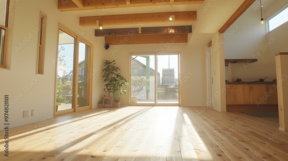 Modern Minimalist Home Interior Design with Wooden Beams and Sunlight Streaming Through Large Windows