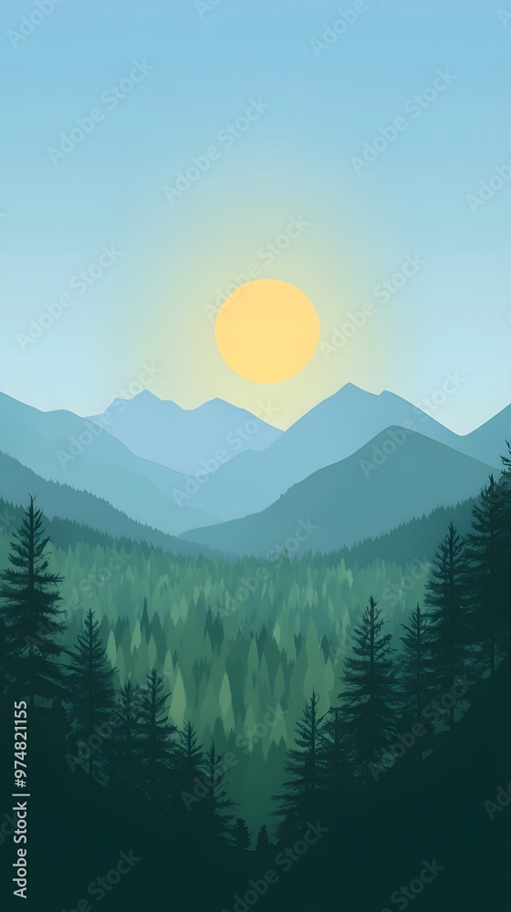 Fototapeta premium Vector illustration of a forest landscape with mountains at sunrise, featuring a flat design with simple shapes and flat colors