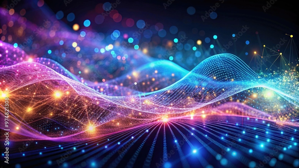 Vibrant Futuristic Digital Wave on Dark Background with Glowing Particles and Light Trails Vibrant Futuristic Digital Wave on Dark Background with Glowing Particles and Light Trails