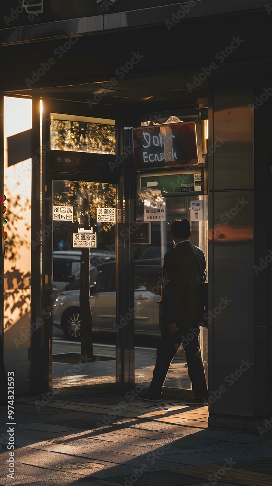 Fototapeta premium Man Walking Through Glass Doorway In City