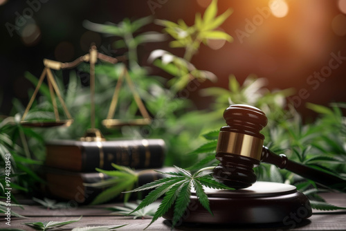 A judge's gavel sits on a wooden surface next to a scale and two books