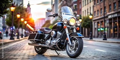 A sleek, black, and silver motorcycle with flashing lights and sirens, parked on a city street, conveying a photo