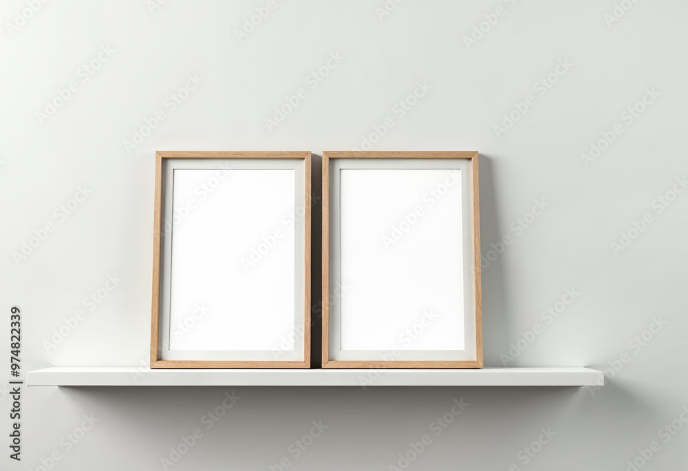Two blank picture frames mockup on white shelf against light grey wall background minimal interior design room decoration template home decor shop catalog poster presentation Two blank picture frames mockup on white shelf against light grey wall background minimal interior design room decoration template home decor shop catalog poster presentation