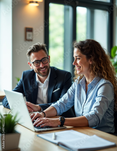 Happy business colleagues working together in office on laptop business project teamwork success concept