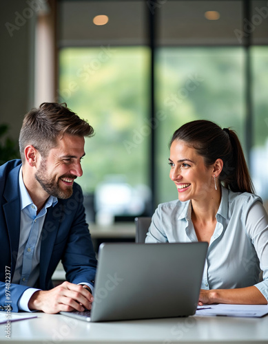 Happy business colleagues working together in office using laptop