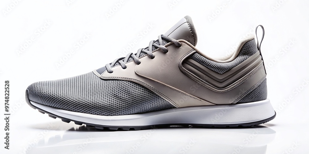 A sleek, modern athletic shoe with a bold swooping design element on the side, laces tightly tied, sitting A sleek, modern athletic shoe with a bold swooping design element on the side, laces tightly tied, sitting