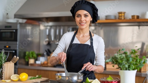 A beautiful female chef cooking meal in the restaurant kitchen, A chef wearing Arpan and chef hat.
