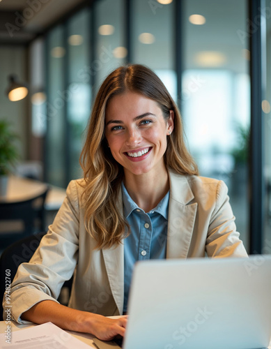 Happy young businesswoman working on laptop computer in modern office smiling female entrepreneur using laptop in coworking space freelance business owner technology and people concept