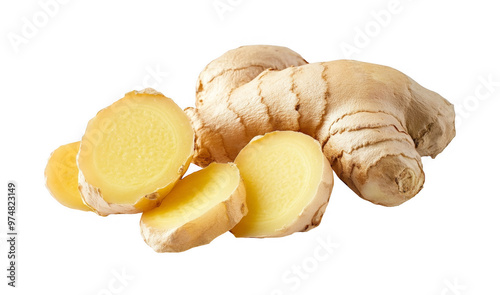 One fresh ginger and sliced ​​ginger separate transparent background images