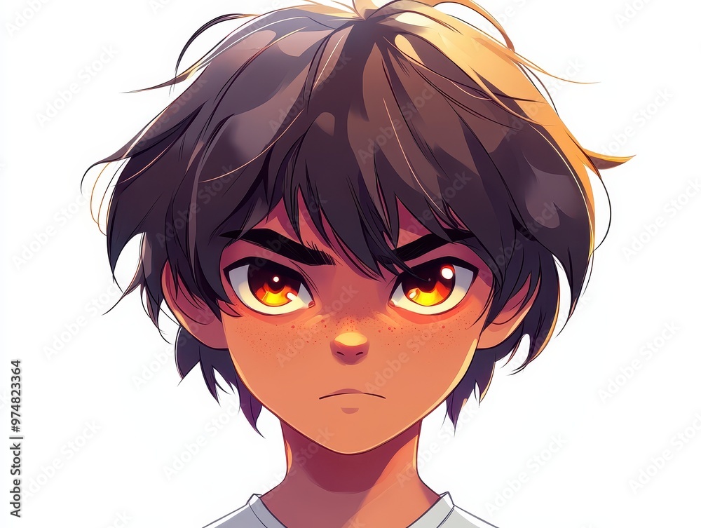 Mysterious Anime Boy Portrait with Intense Gaze and Edgy Bangs Isolated on White Background Mysterious Anime Boy Portrait with Intense Gaze and Edgy Bangs Isolated on White Background