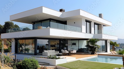 Modern white house with a pool and a patio with lawn and lush green vegetation.