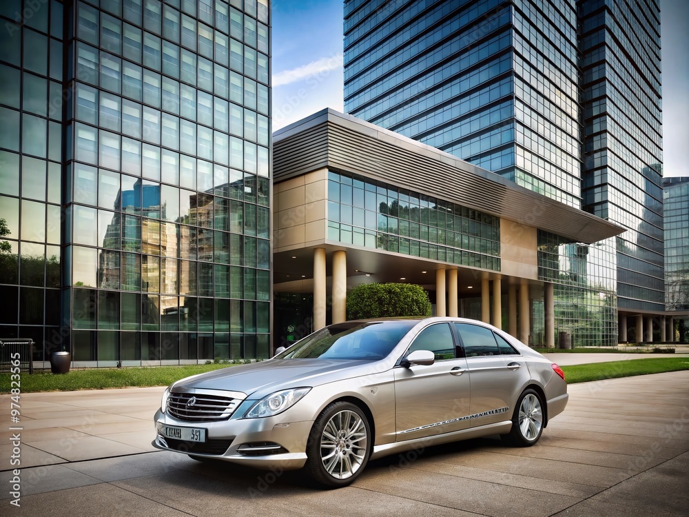A sleek, silver luxury sedan is parked in front of a modern, glass-walled corporate headquarters building displaying a A sleek, silver luxury sedan is parked in front of a modern, glass-walled corporate headquarters building displaying a