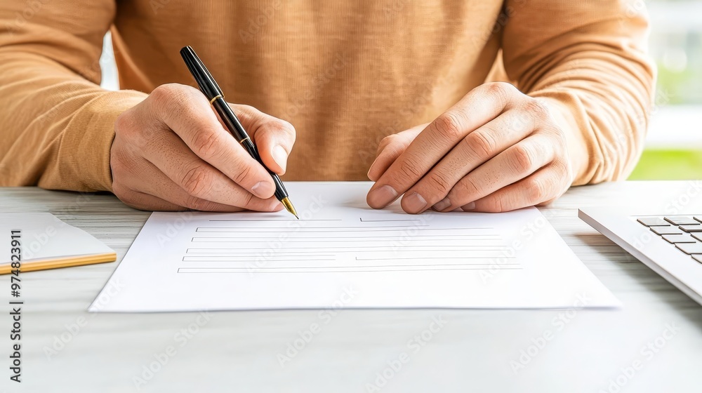 Business loan request letter being drafted by a business owner at a desk Business loan request letter being drafted by a business owner at a desk