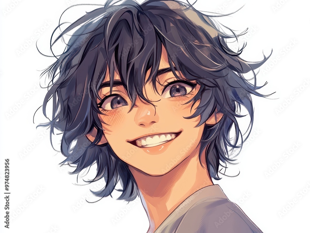 Playful Anime Boy Portrait with Messy Hair - Soft Digital Art Illustration on White Background Playful Anime Boy Portrait with Messy Hair - Soft Digital Art Illustration on White Background