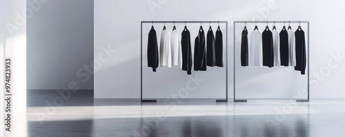 Minimalist fashion display with black and white garments hanging in a modern, well-lit space.