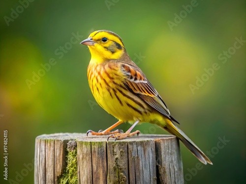 A sleek yellowhammer bird perches on a rustic wooden fencepost amidst verdant Alabama countryside, showcasing the Heart photo