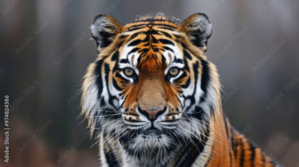 Fototapeta premium Intense portrait of an Amur tiger in the wild, showcasing its striking orange and black stripes with piercing eyes