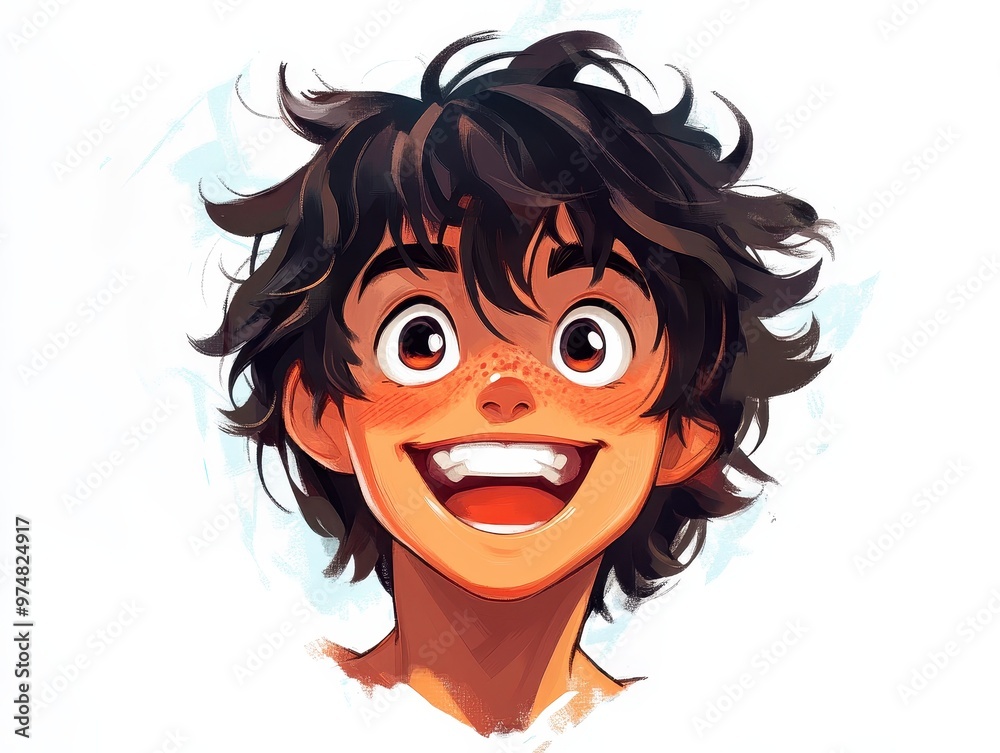 Cheerful Anime-Style Boy with Tousled Hair and Mischievous Grin - Digital Art Head Illustration Cheerful Anime-Style Boy with Tousled Hair and Mischievous Grin - Digital Art Head Illustration
