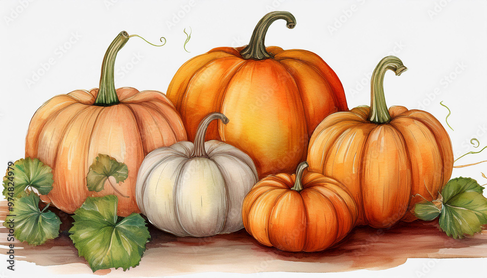Vibrant watercolor pumpkins, autumn season. Autumnal vegetables on white. Thanksgiving holiday Vibrant watercolor pumpkins, autumn season. Autumnal vegetables on white. Thanksgiving holiday