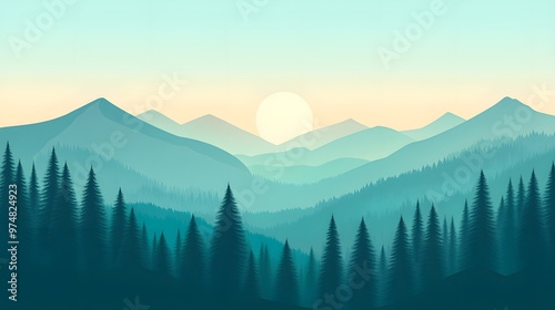 Vector illustration of a forest landscape with mountains at sunrise, featuring a flat design with simple shapes and flat colors