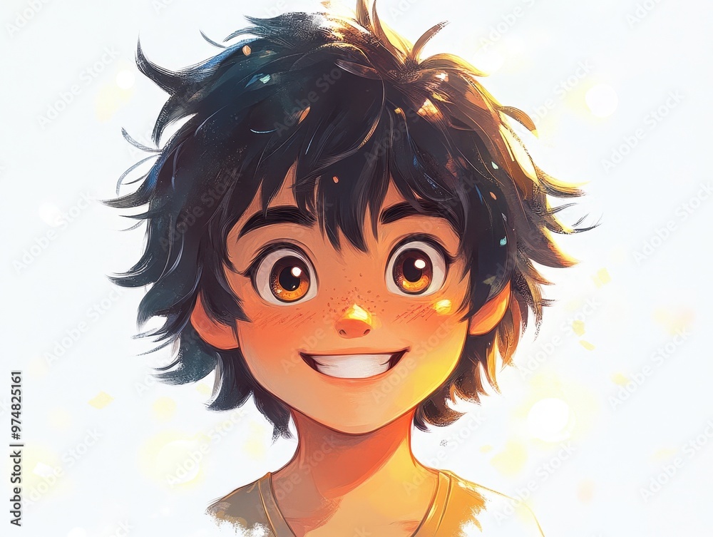 Charming Anime-Style Portrait of Bashful Boy with Fluffy Hair | Soft and Cute Digital Art Illustration with Sweet Smile Charming Anime-Style Portrait of Bashful Boy with Fluffy Hair | Soft and Cute Digital Art Illustration with Sweet Smile