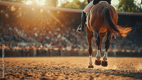 A rider competes in an equestrian event at sunset with a large crowd in the background enjoying the thrilling atmosphere