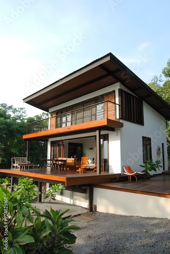 Modern Home with Wooden Deck and Balcony